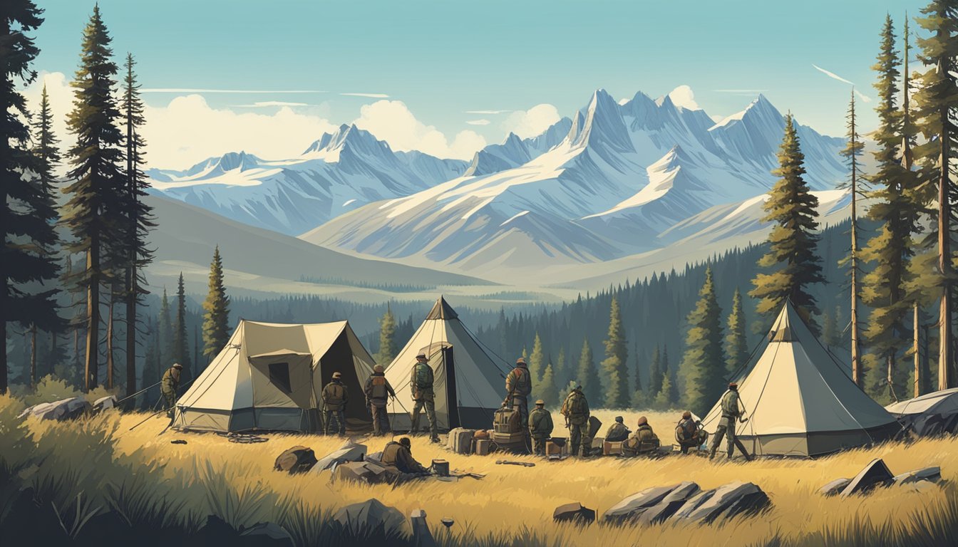 A vast Montana landscape with mountains, forests, and a clear blue sky. A hunting camp with tents, gear, and a group of hunters preparing for a hunt