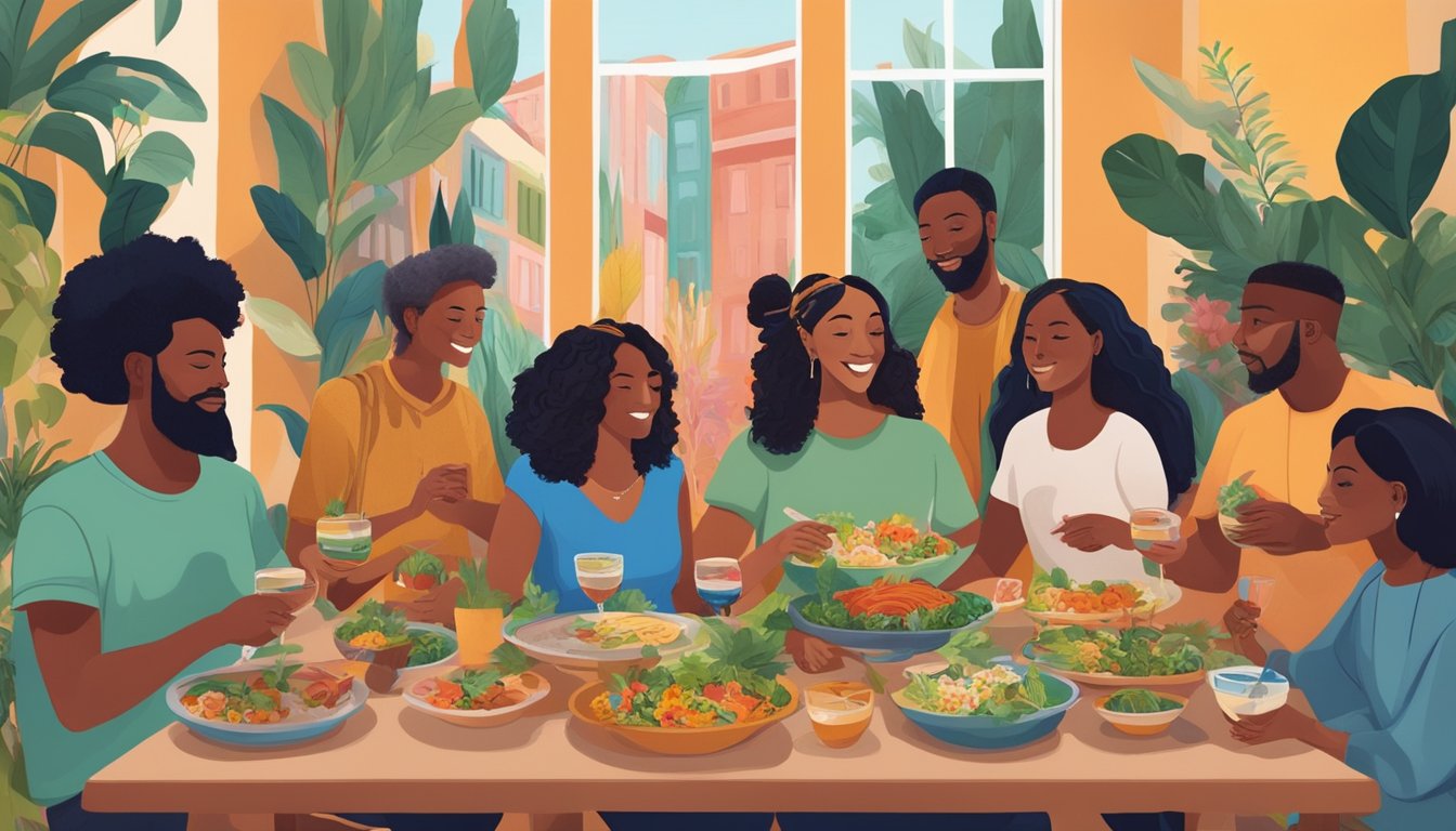 A diverse group of people sharing a communal meal, surrounded by vibrant plants and colorful murals, symbolizing unity and empowerment