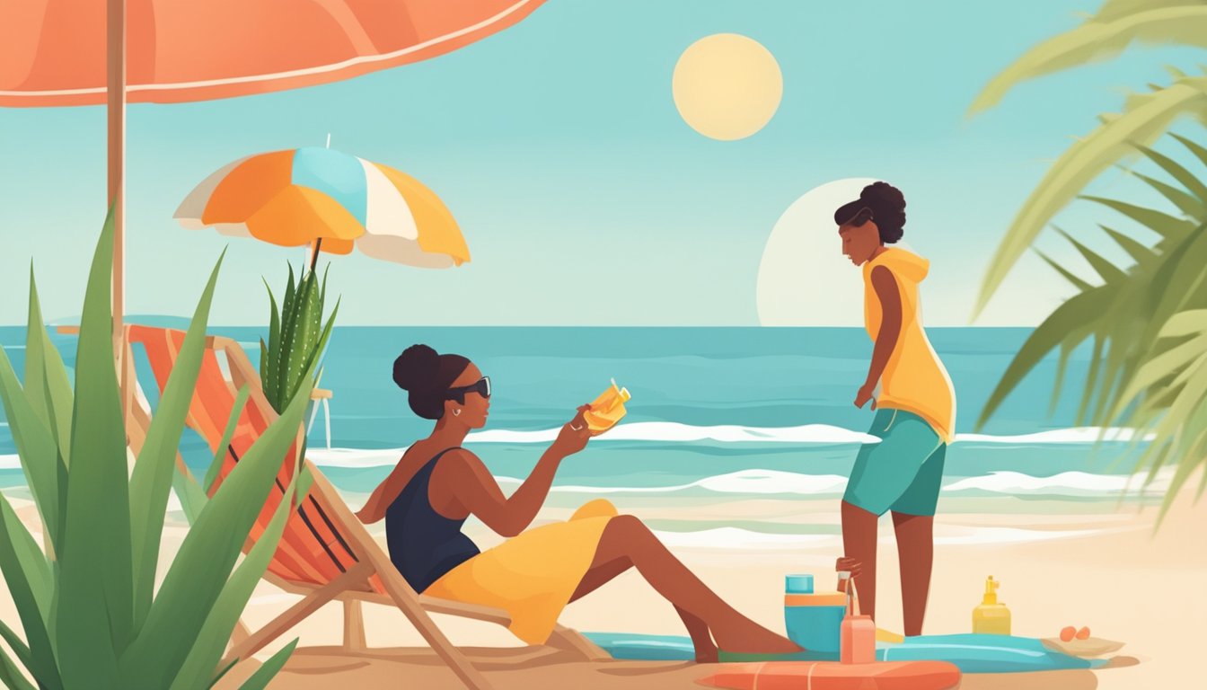 A beach scene with a sun umbrella, sunscreen, aloe vera plant, and a person applying lotion to their red skin