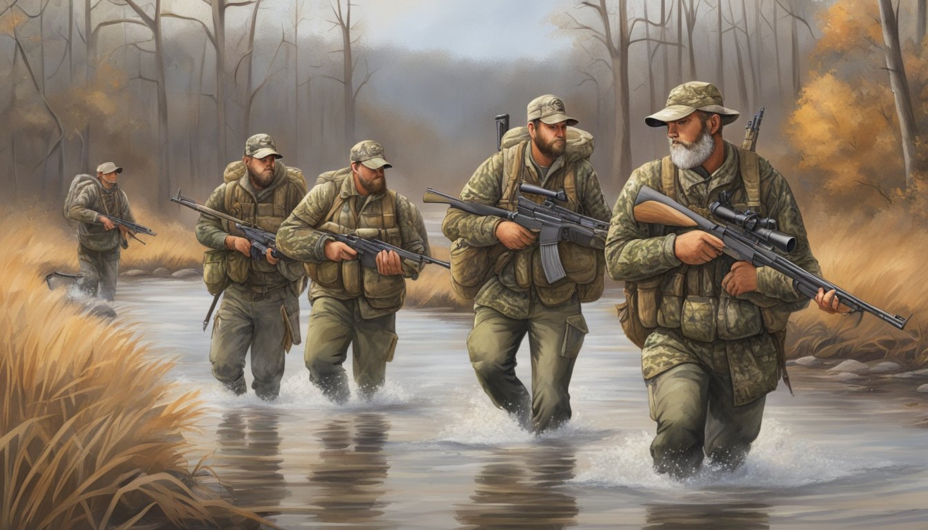 A group of hunters in camouflage gear and carrying rifles trek through the Arkansas wilderness with the Duck Down Guide Service