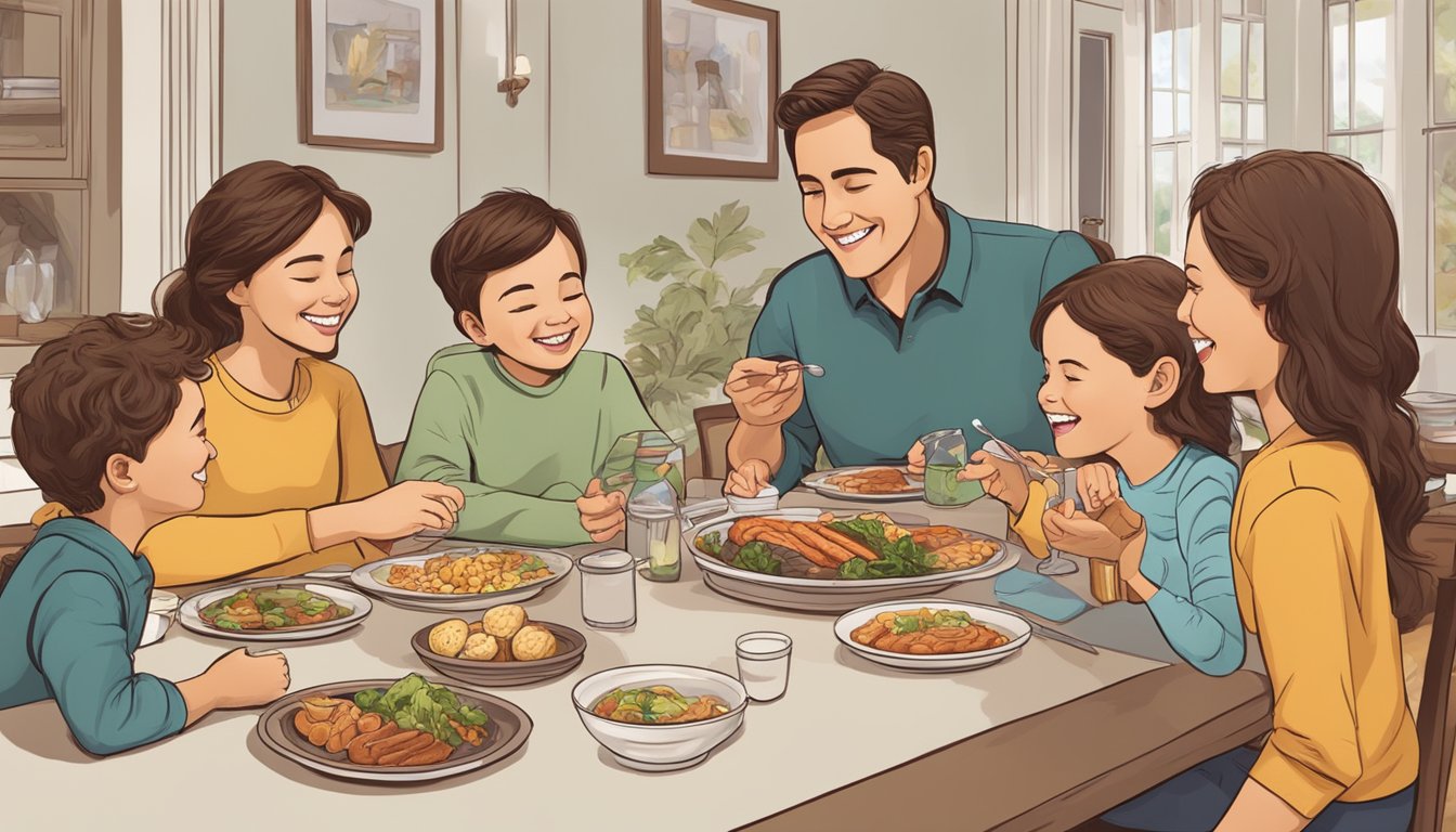 A family gathered around a table, sharing a meal and conversation, with smiles and laughter filling the room