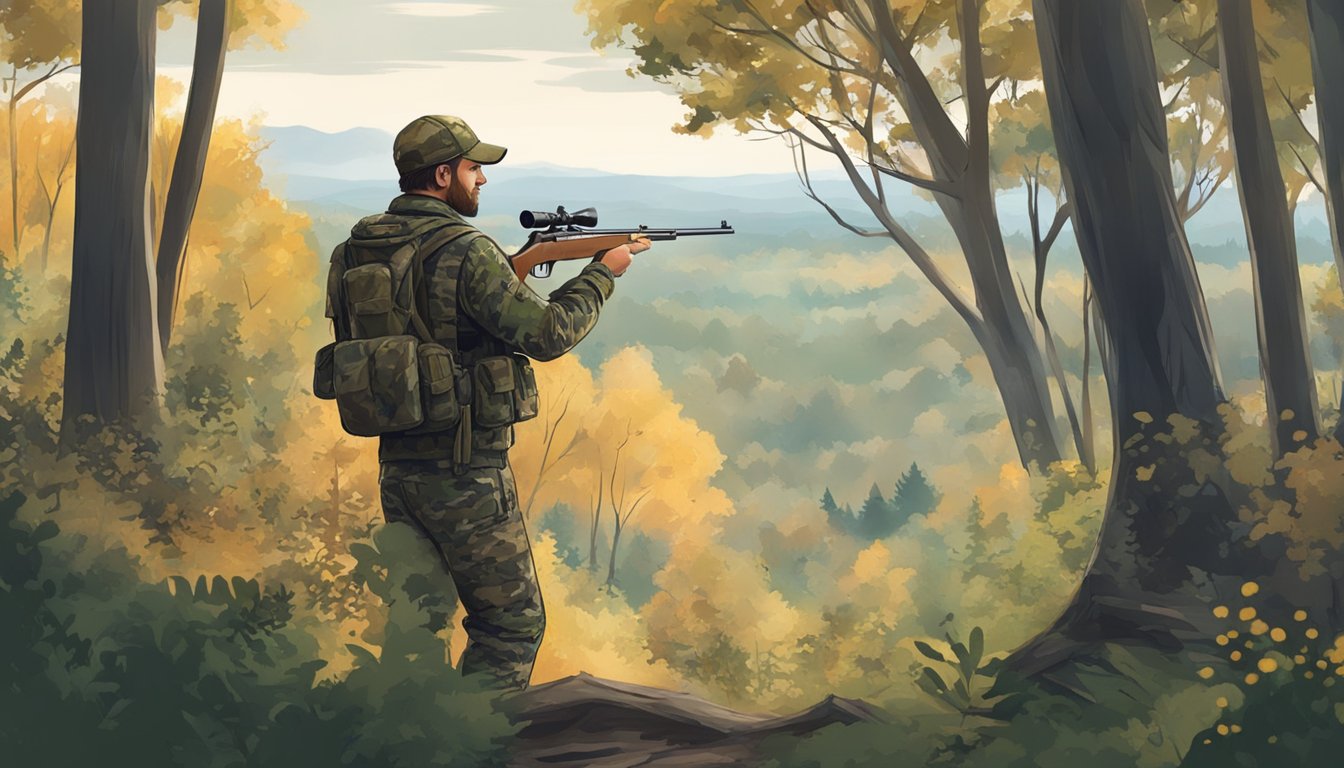 A hunter in camouflage gear stands in a wooded area, surrounded by trees and wildlife, holding a rifle and looking out over the landscape