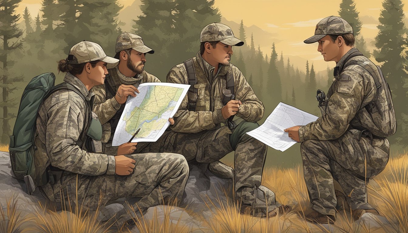 A group of hunters in camouflage gear studying a map of Montana's hunting regulations while talking to a knowledgeable outfitter