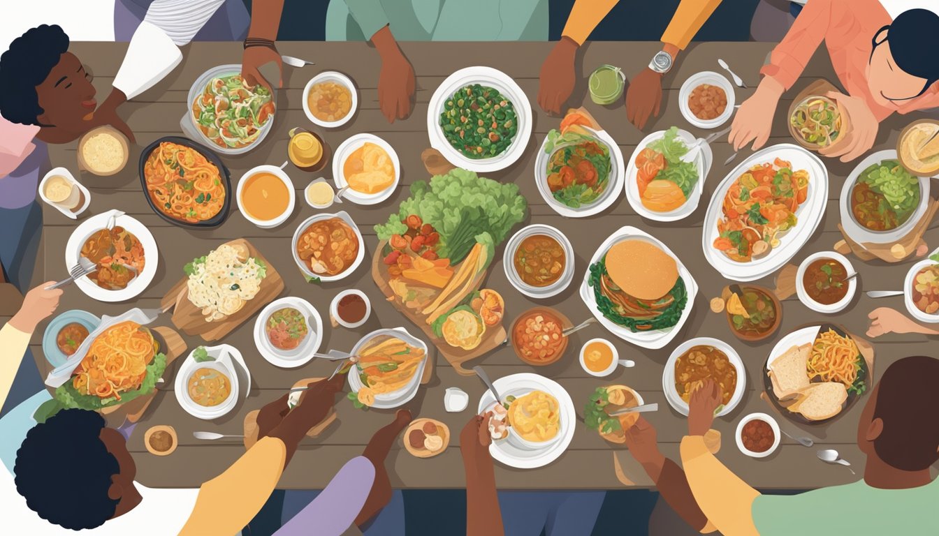 A diverse group of people gather around a table filled with various types of food, sharing and enjoying a meal together