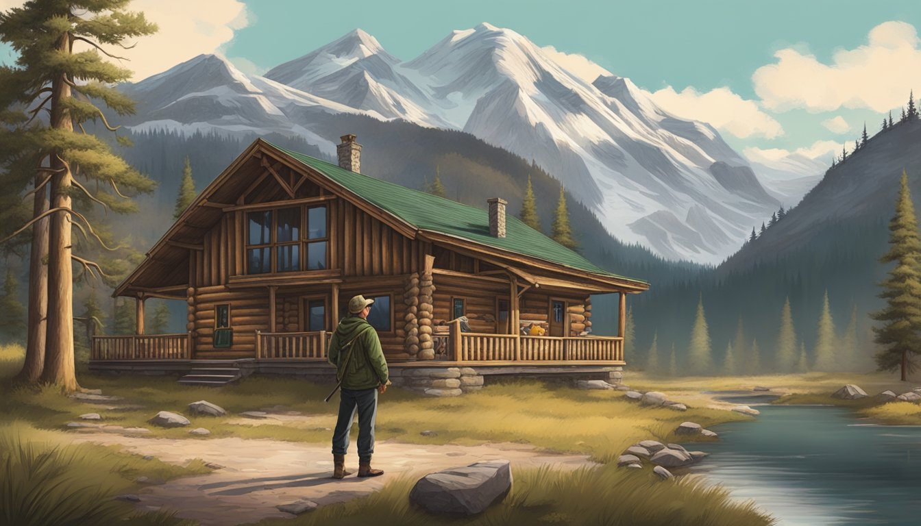 A hunter standing in front of a rustic lodge, surrounded by rugged mountains and pine trees, with a guide pointing out hunting grounds