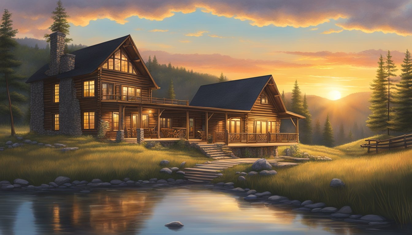 The sun sets behind the rustic lodge at Orvis Sandanona, surrounded by rolling hills and lush forests, as hunters prepare for their next adventure