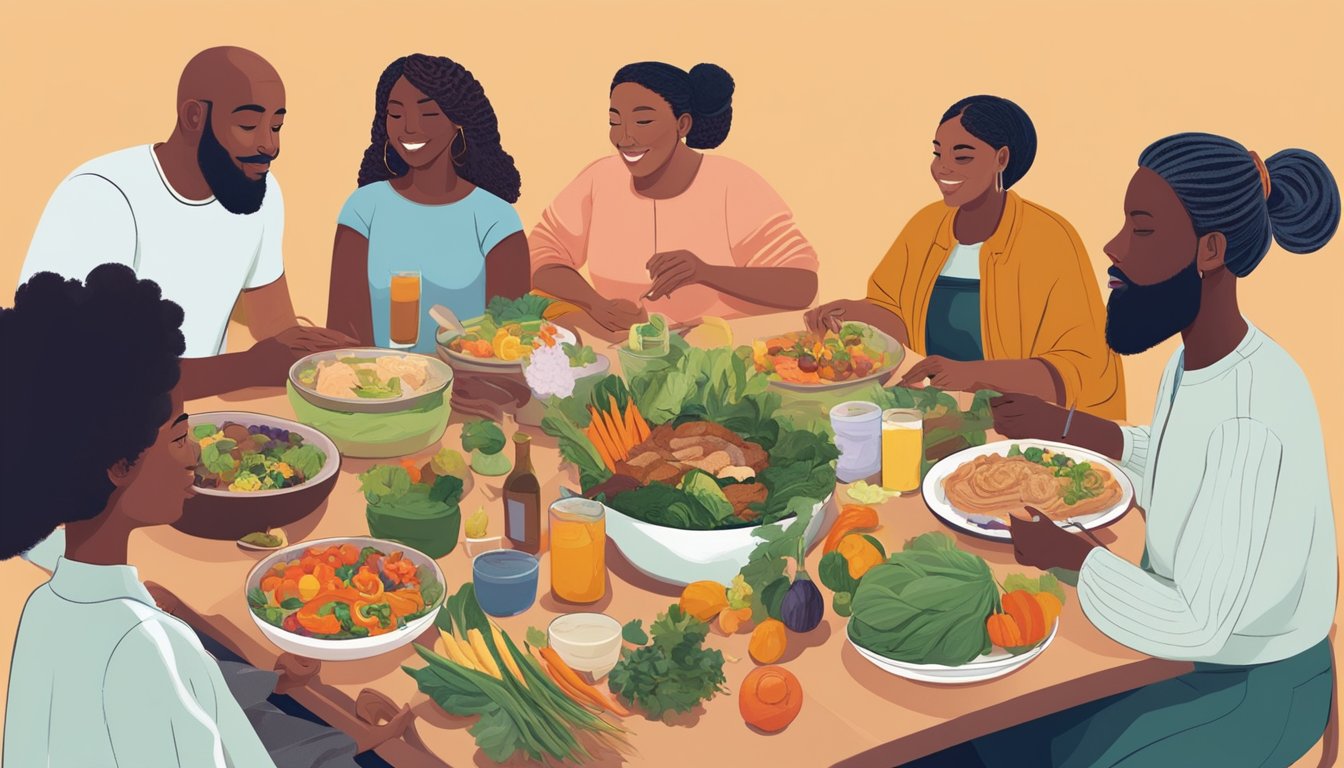 A diverse group of people from different backgrounds gather around a communal table, sharing a meal made from locally sourced ingredients. The atmosphere is vibrant and inclusive, reflecting a sense of empowerment and unity within the community