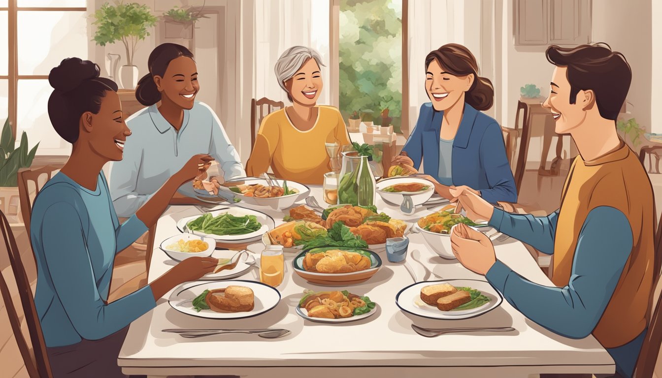 A dining table set with a warm meal surrounded by family members engaged in conversation and laughter