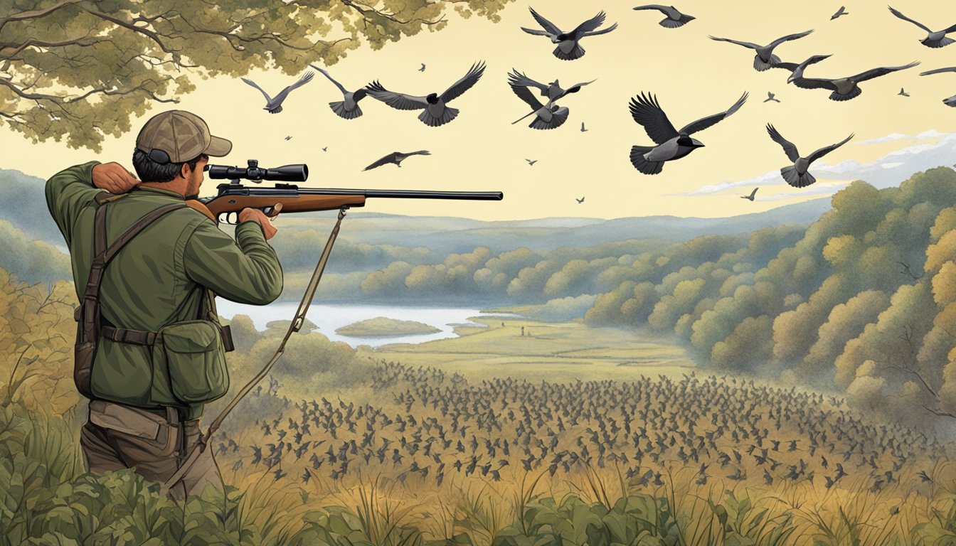 A hunter aiming a rifle at a flock of birds in the Connecticut Valley