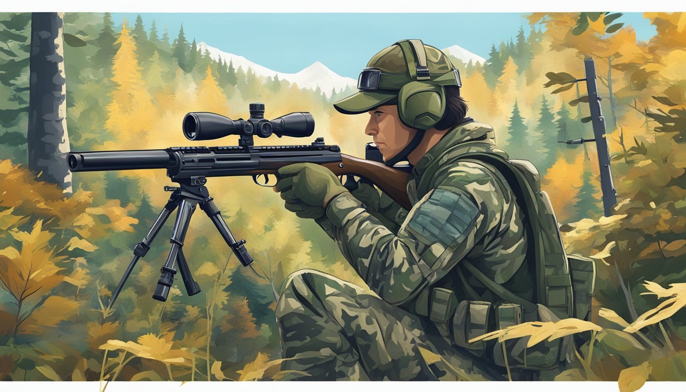 A hunter in camouflage gear aiming a rifle in a dense forest, with a backdrop of mountains and a clear blue sky