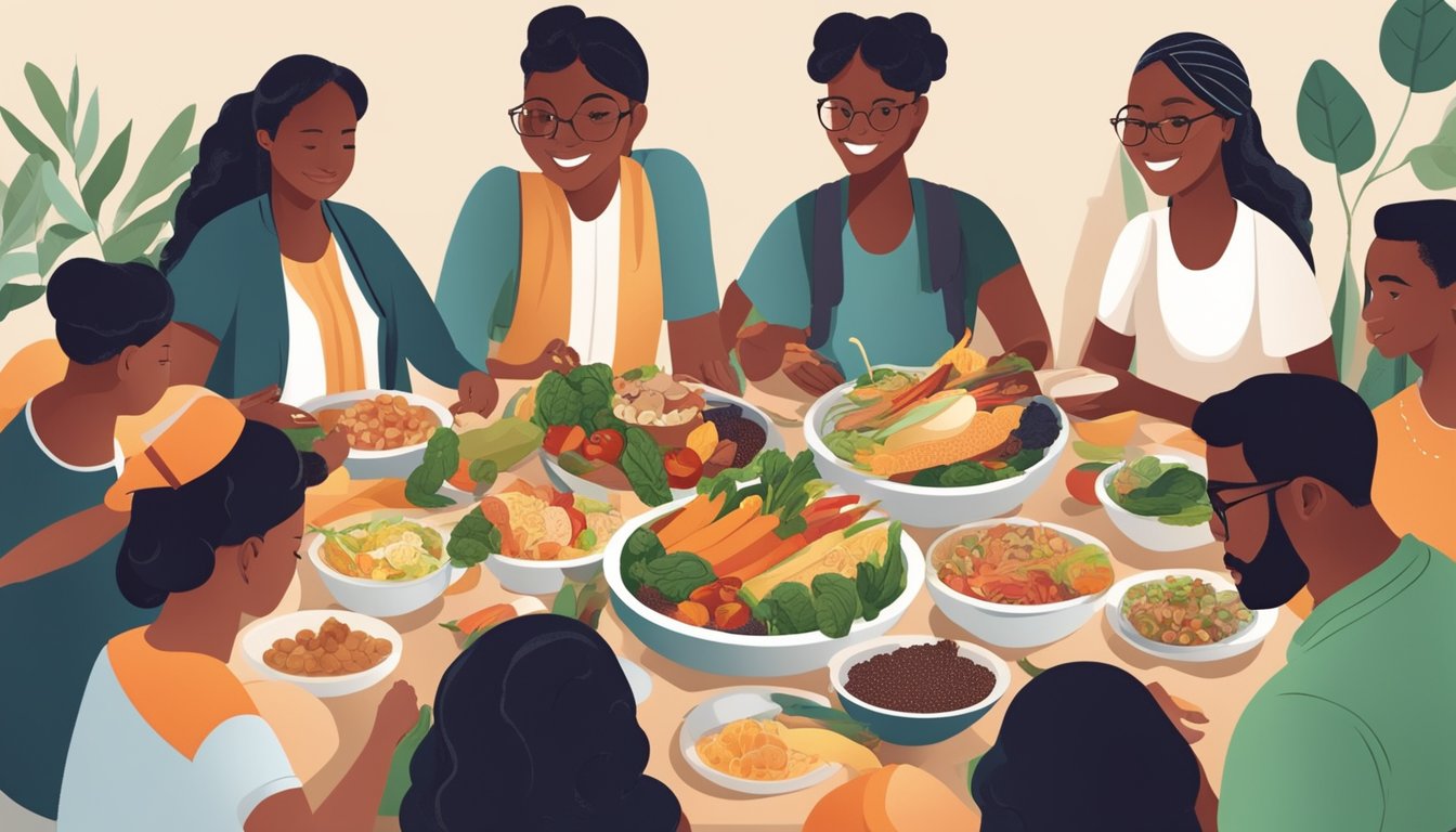 A diverse group of people sharing a meal together, surrounded by various types of food and produce, symbolizing unity and empowerment within the community