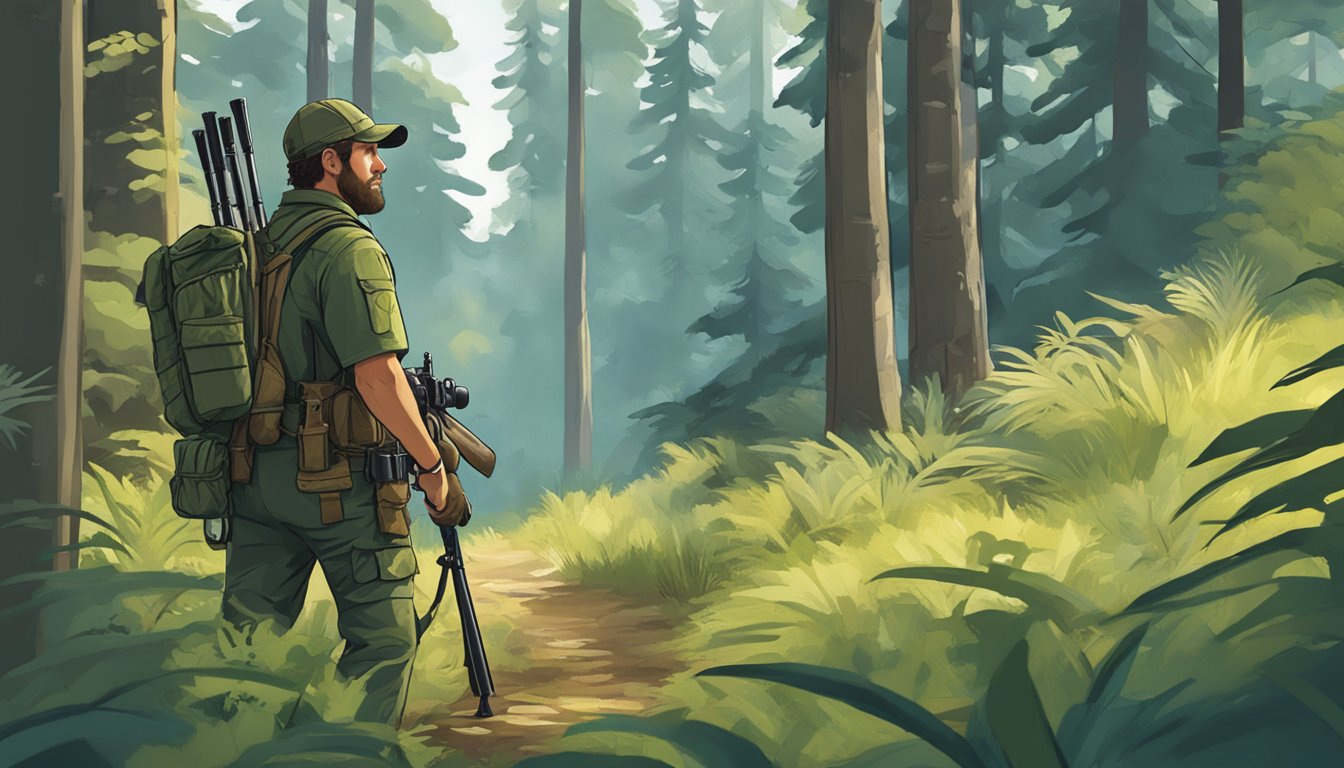 A hunter stands in a lush forest, wearing gear from Diana's Outfitters. A rifle rests on their shoulder as they scan the horizon for prey