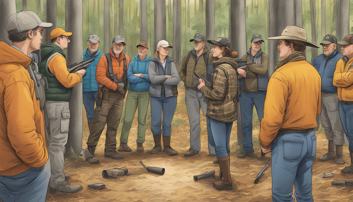 A group of people attending a hunter education class in Vermont, with instructors teaching firearm safety and regulations