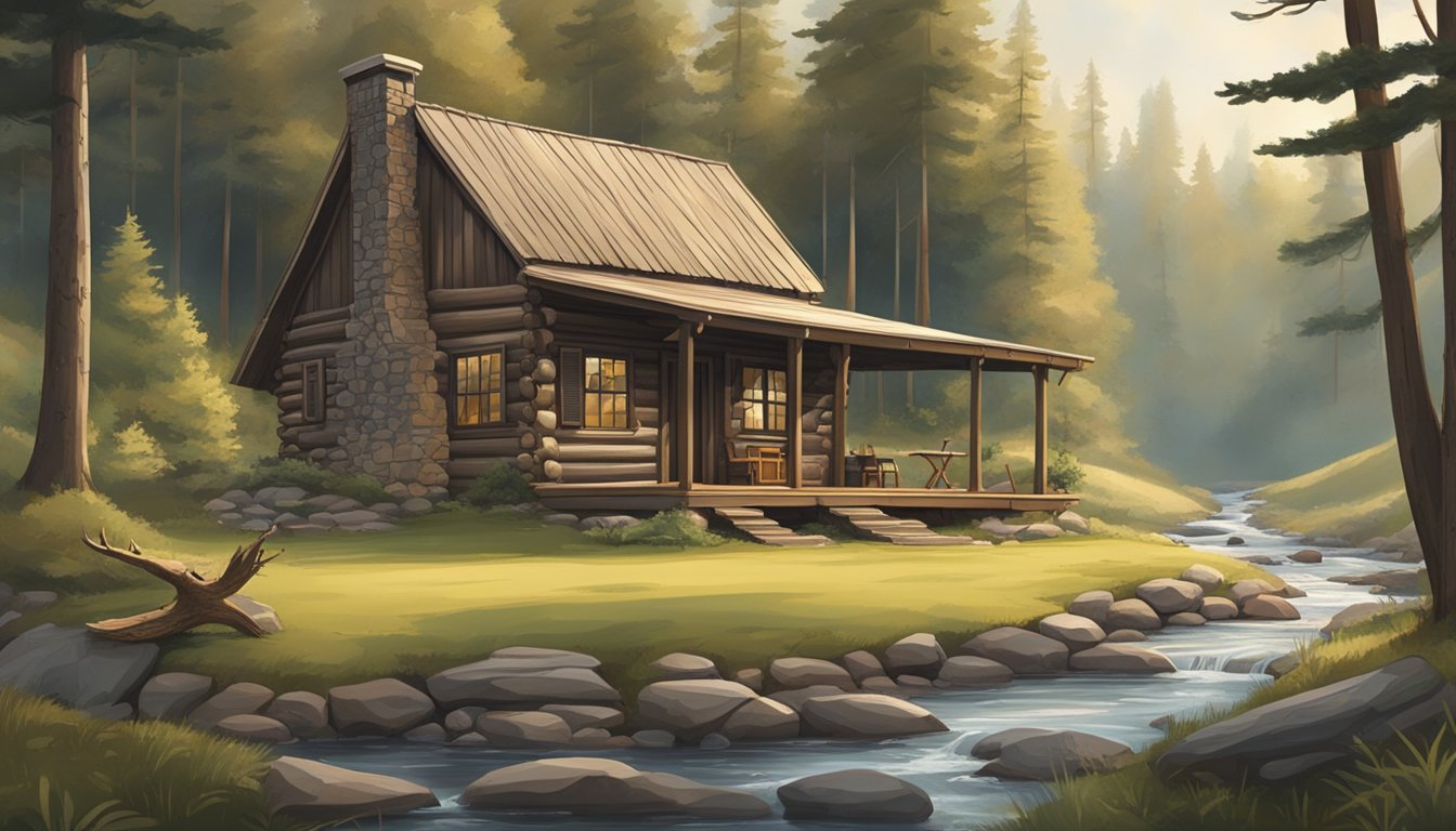 A serene woodland clearing with a rustic cabin, surrounded by rolling hills and a meandering stream. Shotguns and hunting gear are neatly arranged outside the cabin