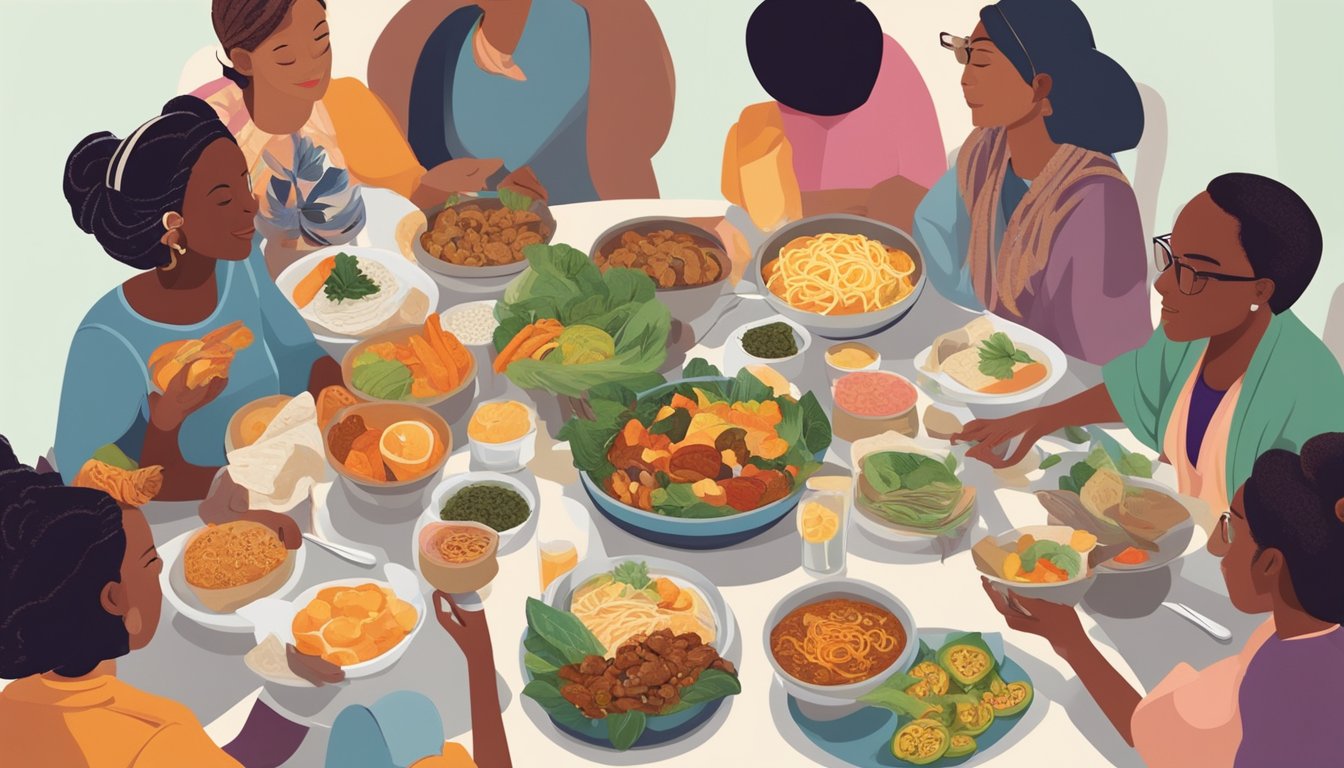 A diverse group of people sharing a meal together, surrounded by a variety of foods from different cultures, symbolizing unity and empowerment