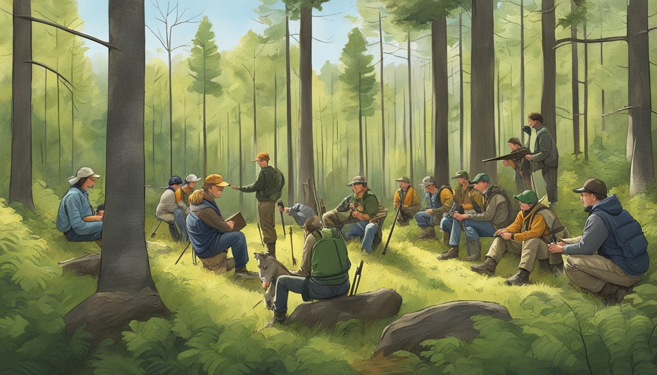 A group of volunteer instructors teach hunter education in a Vermont forest clearing, surrounded by trees and wildlife