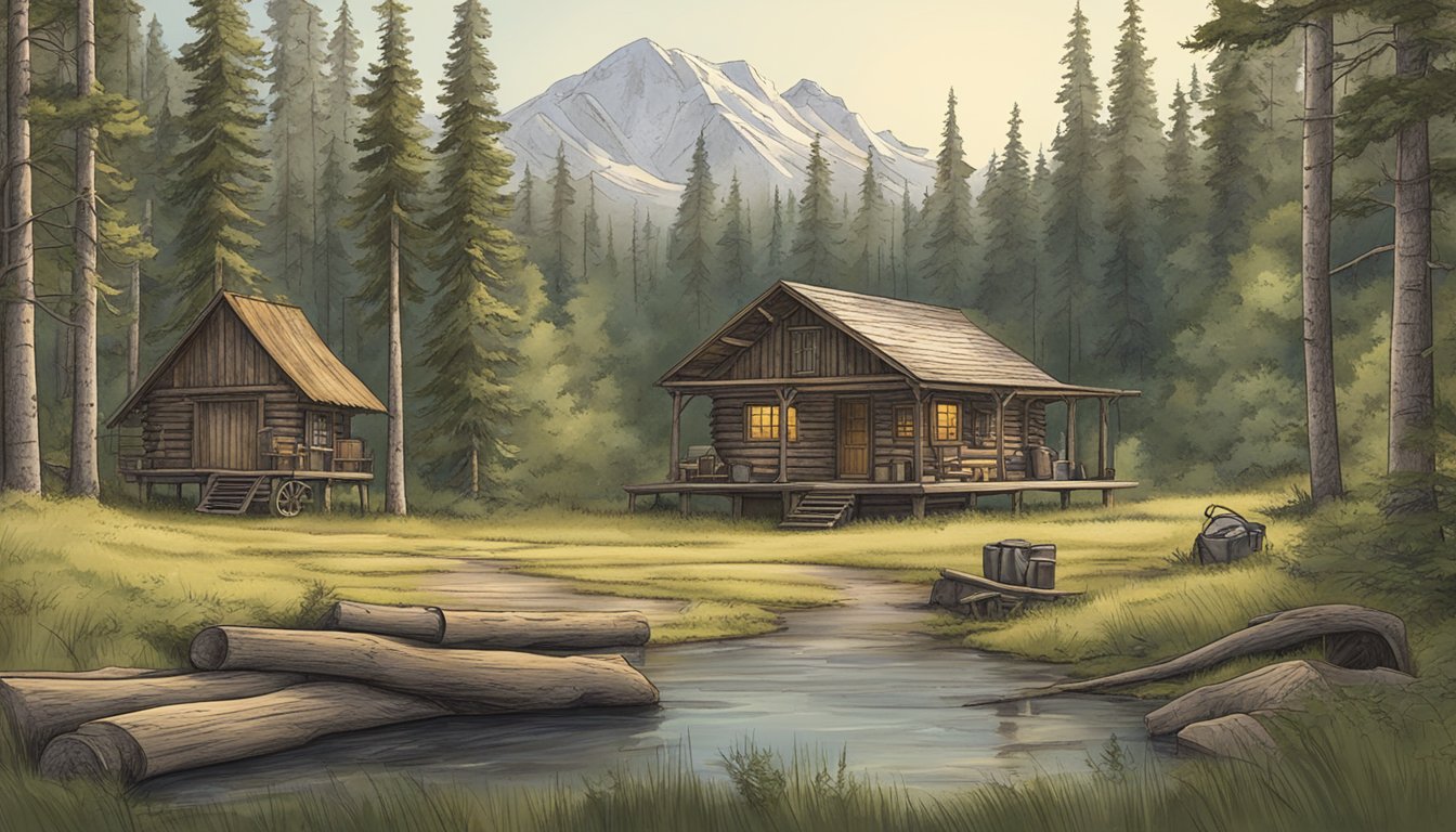 A serene forest clearing with a rustic cabin, hunting gear, and a sign for Cedar Ridge Outfitters