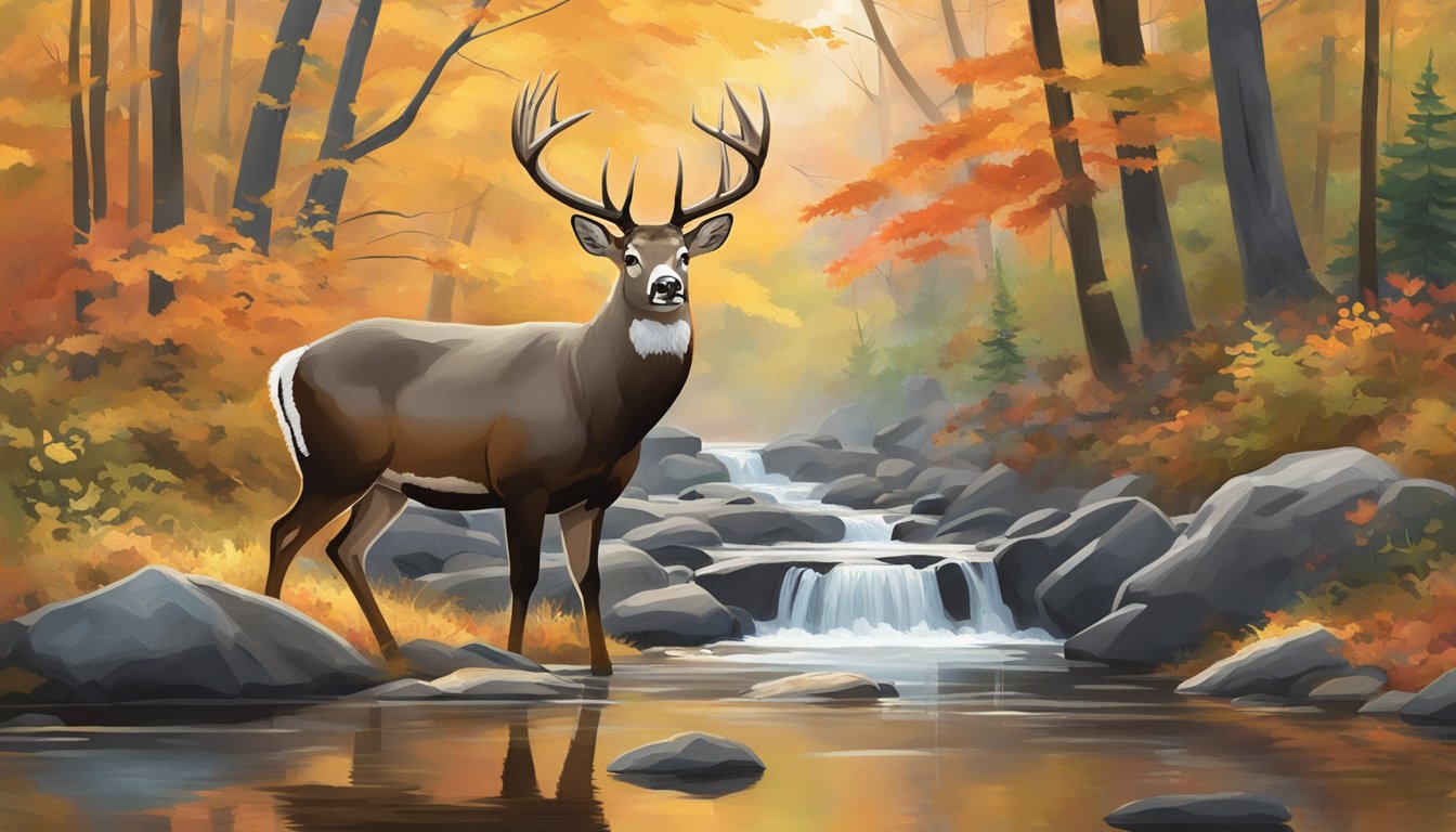 A majestic buck stands in a dense New Hampshire forest, surrounded by vibrant autumn foliage and a tranquil stream