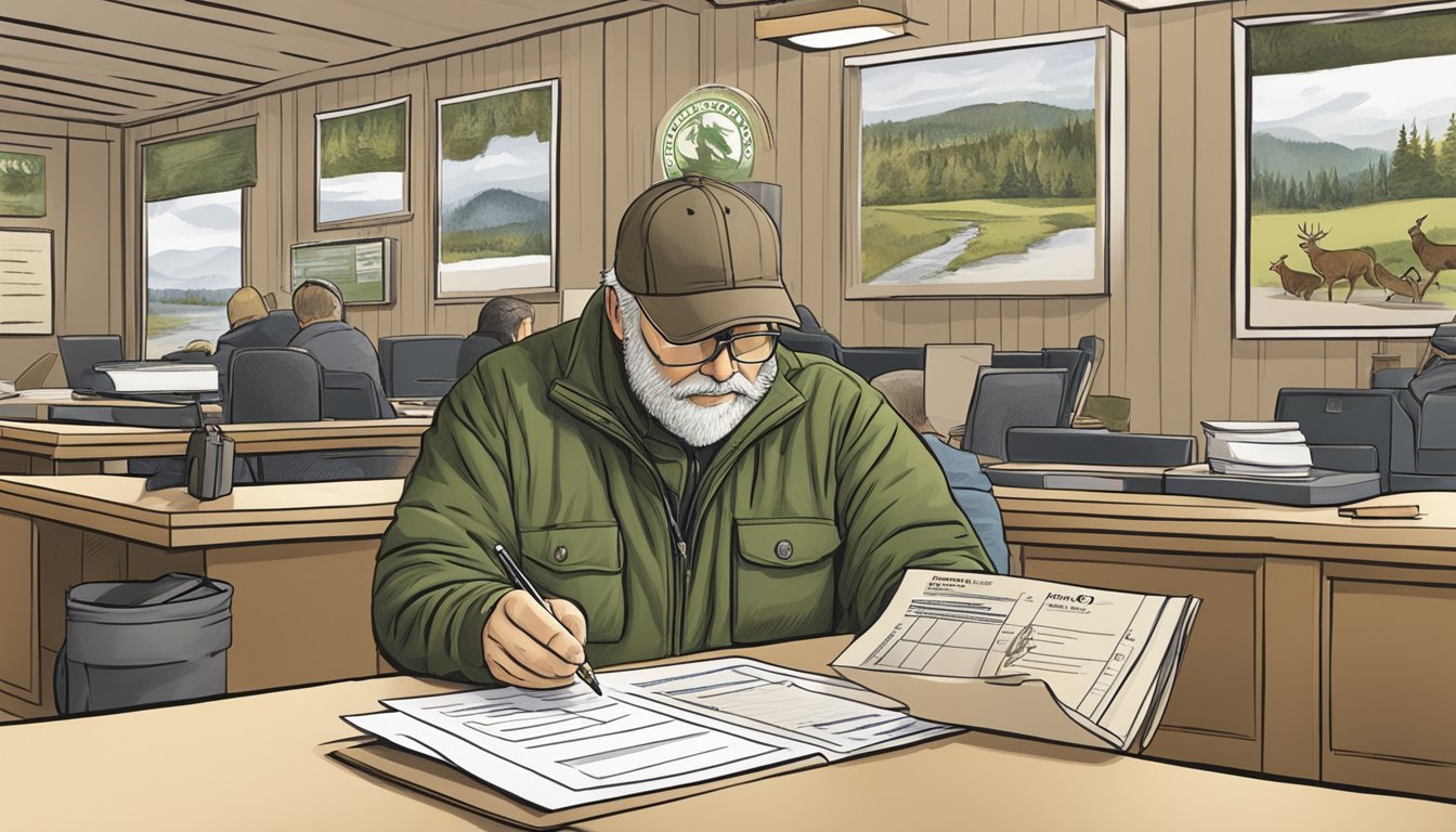 A person filling out a hunting license application at a Vermont hunter education office