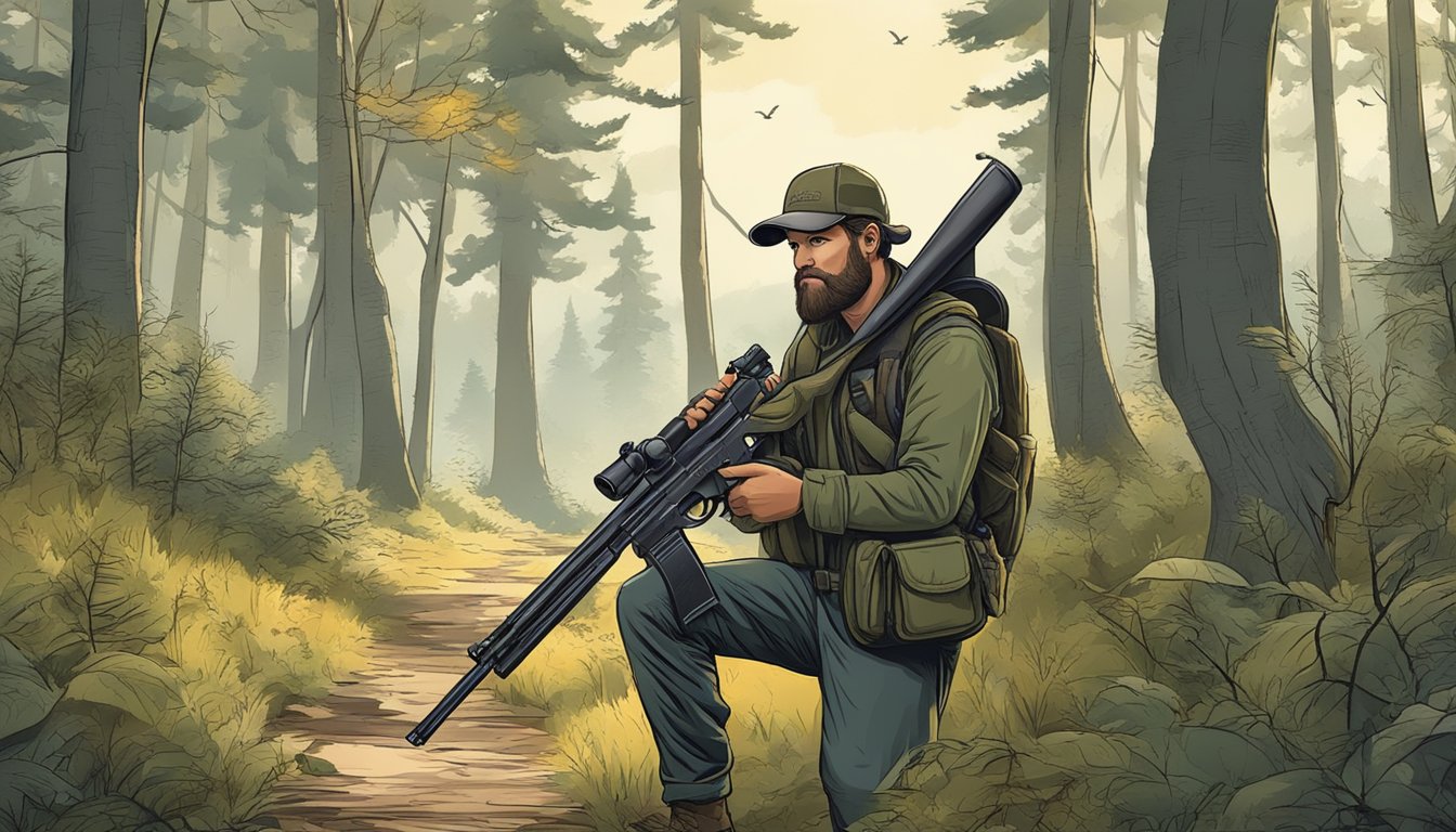 A hunter carrying a firearm safely through the woods, with an emphasis on respecting wildlife and the environment