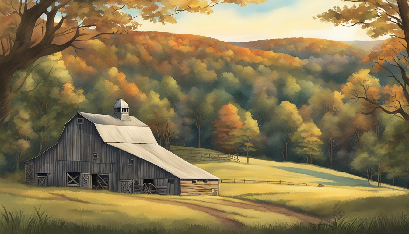 A rustic barn nestled in the Connecticut countryside, surrounded by rolling hills and dense forests, with a sign reading "Marlborough Country Barn - best hunting outfitters."