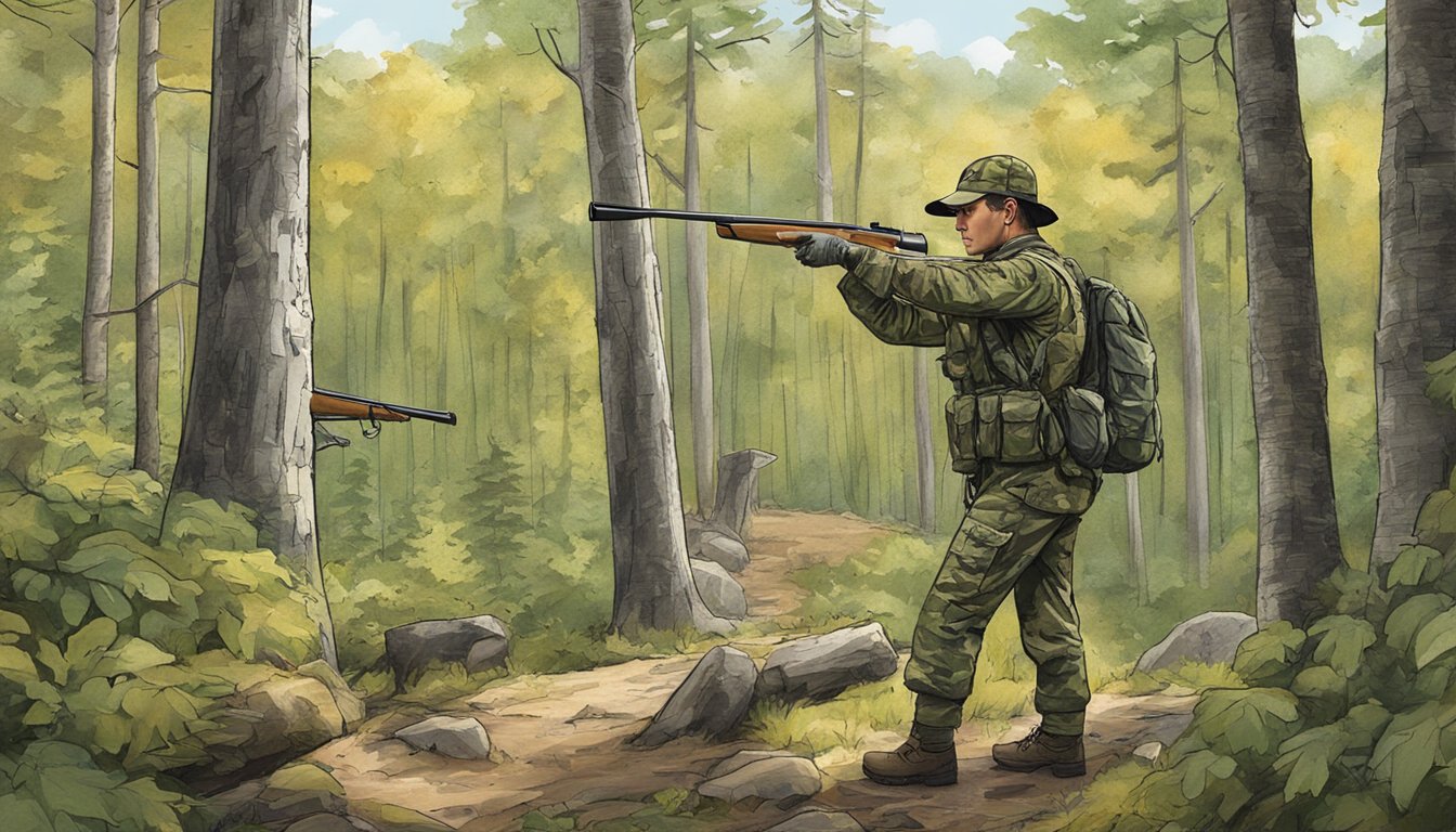 A hunter in camouflage gear stands in a wooded area, rifle in hand, with a guide from Timberline Outfitters NH pointing out a potential target