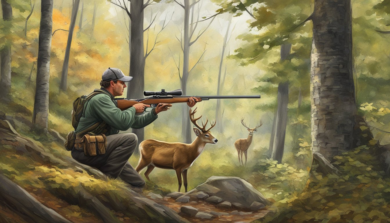 A hunter aiming a rifle at a deer in the woods at Ratlum Mountain Farm, Connecticut