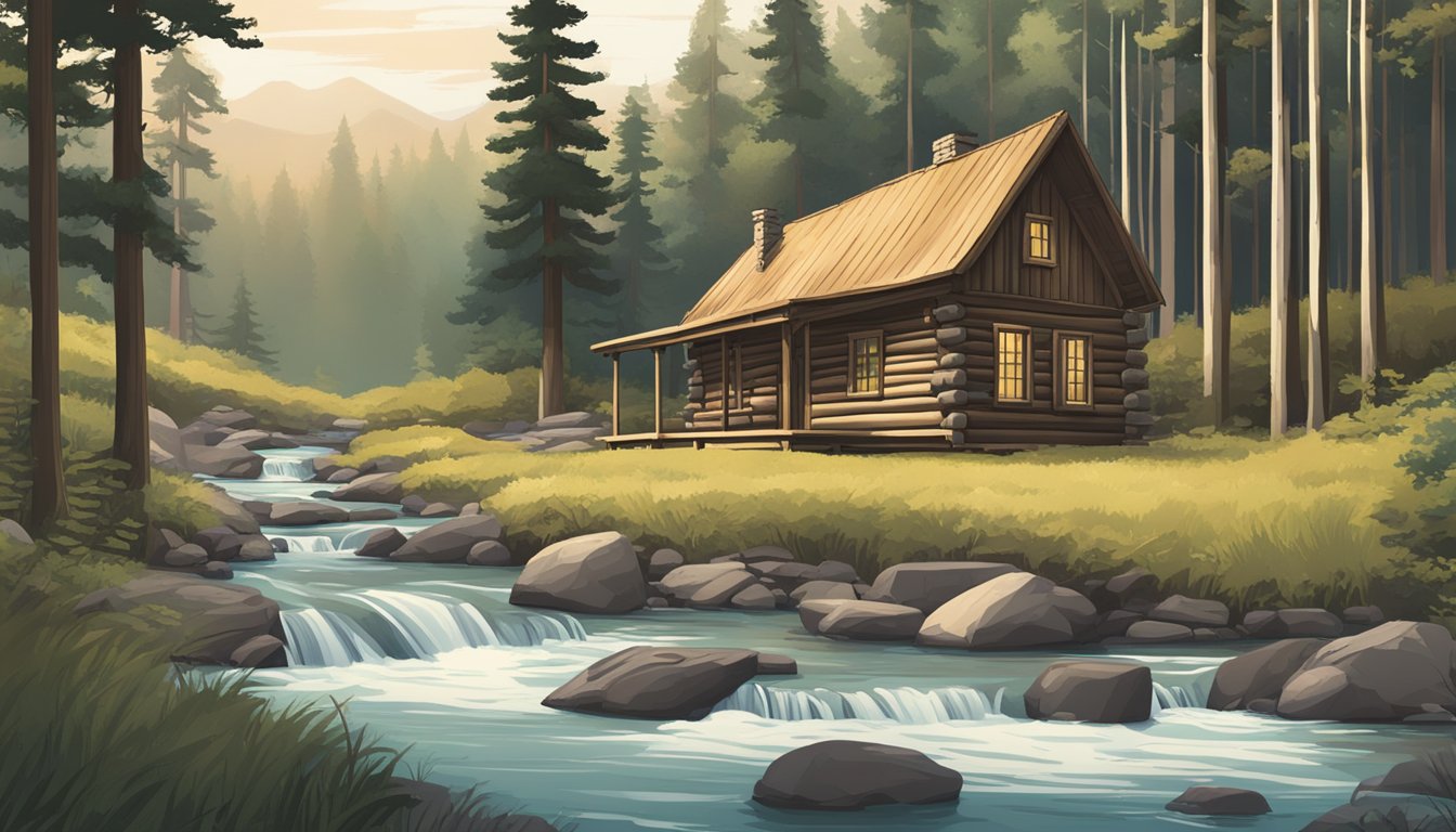 A serene forest clearing with a rustic cabin nestled among tall trees, a tranquil stream flowing nearby, and a signpost with hunter education information