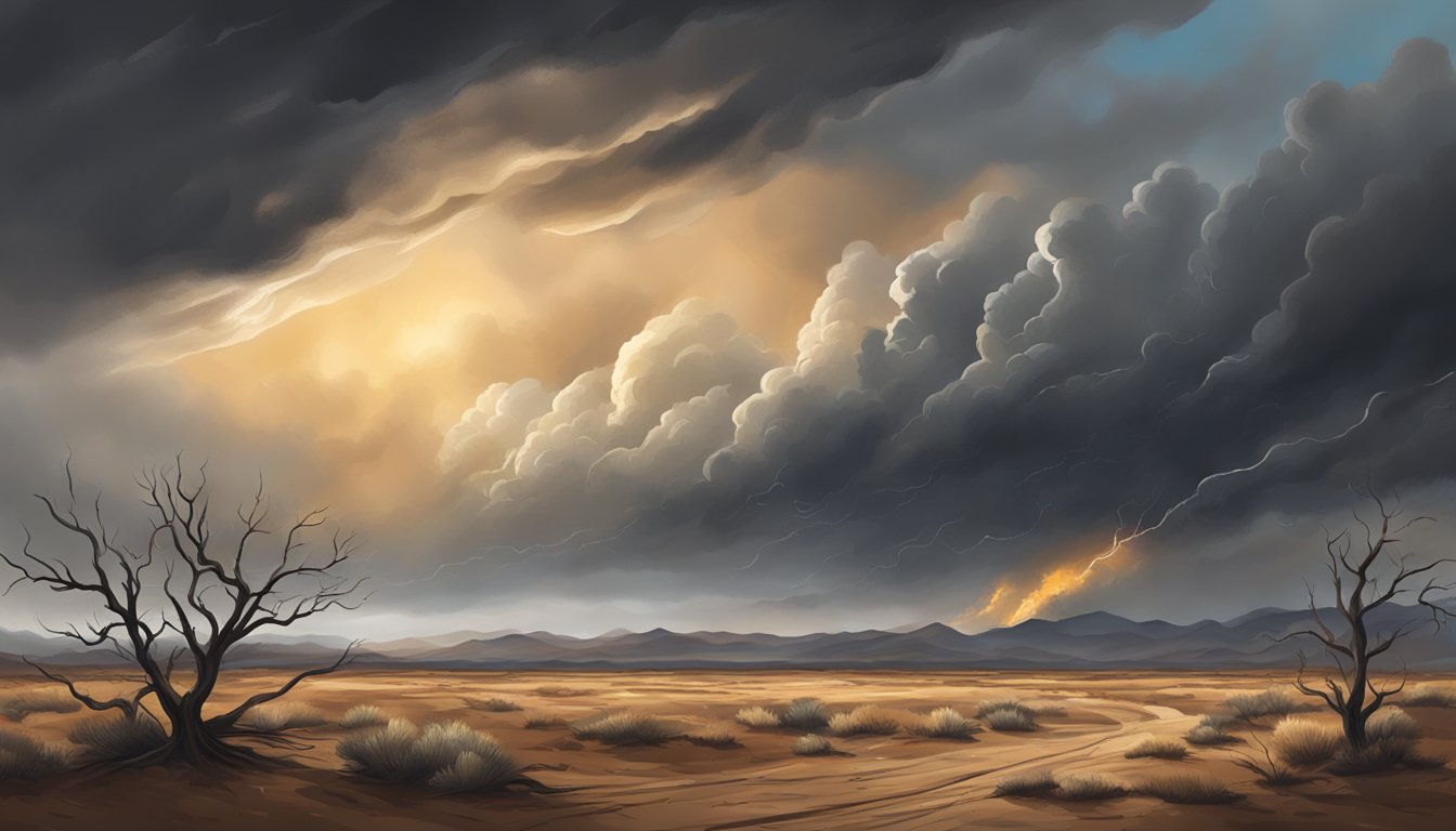 A stormy sky with dark clouds looming over a landscape of barren, dry land with wilted plants and a crackling fire