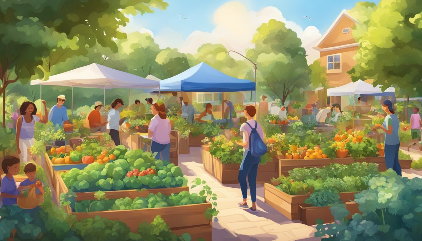 A vibrant community garden with diverse fruits, vegetables, and flowers flourishing in the sunlight, surrounded by families and friends enjoying outdoor activities