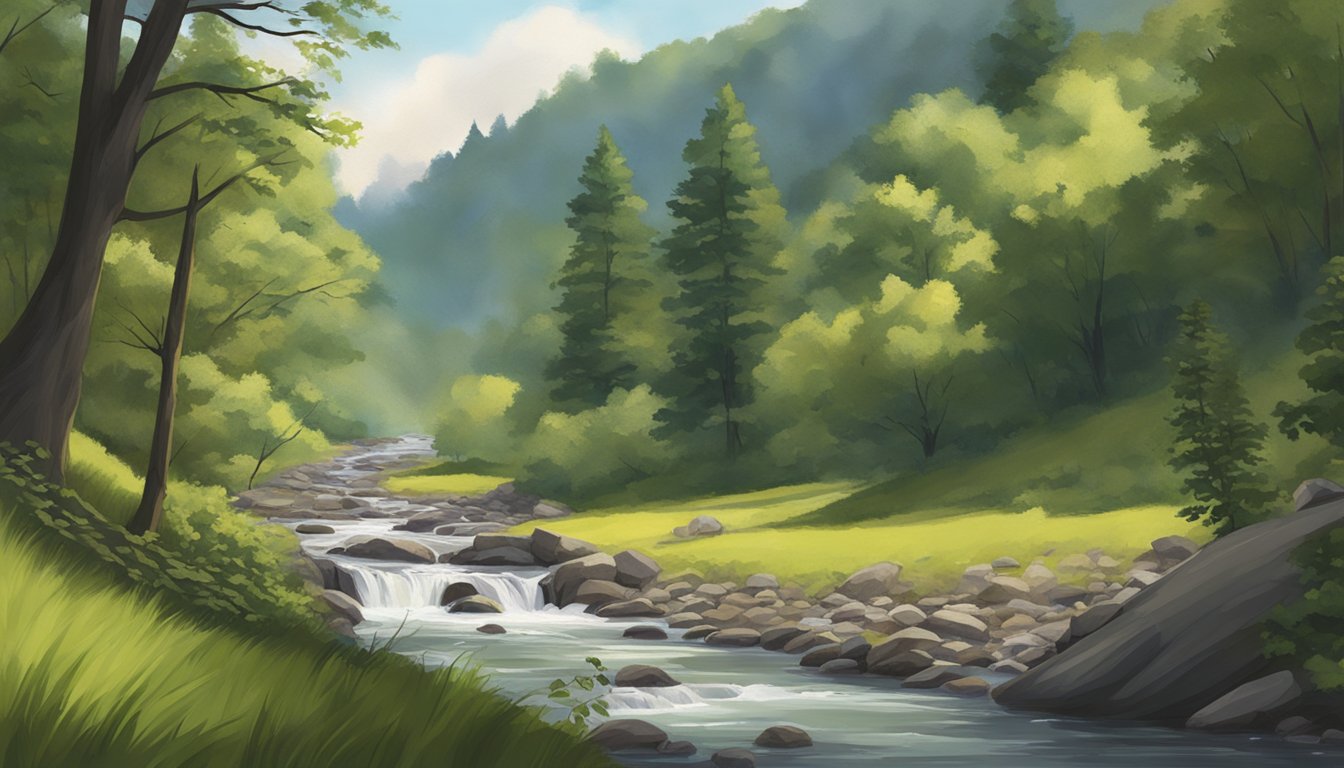 A serene hillside overlooking a flowing brook, with lush foliage and a hint of hunting gear