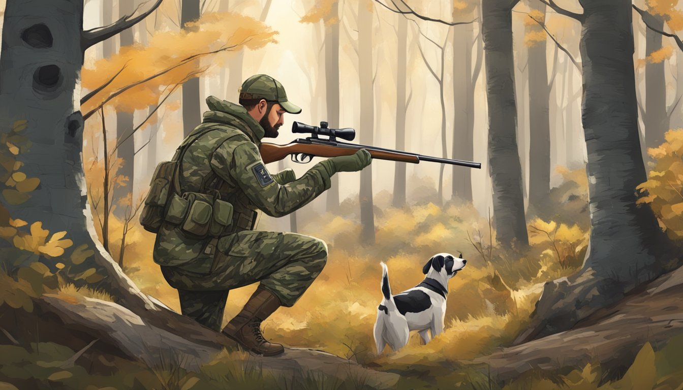 A hunter in full camouflage gear stands in a wooded area, aiming a rifle at a distant target. A hunting dog sits at his side, alert and ready