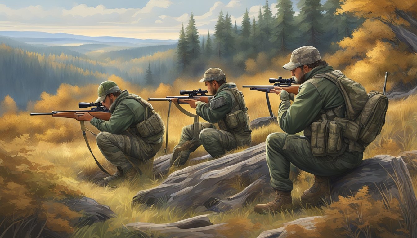 A group of hunters in camouflage gear prepare their rifles and equipment in a wooded area, surrounded by rolling hills and dense forest