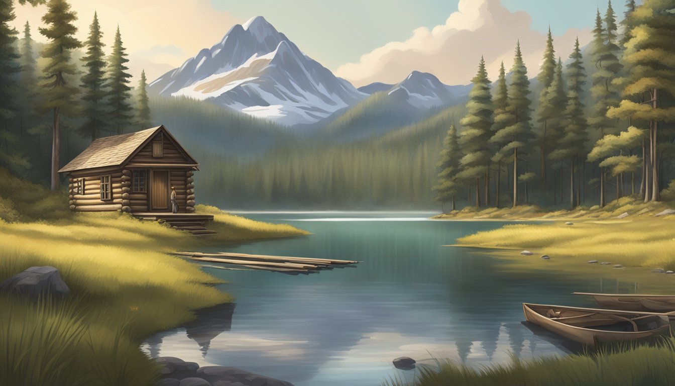 A serene forest clearing with a rustic cabin, hunting gear, and a tranquil lake surrounded by mountains in the distance