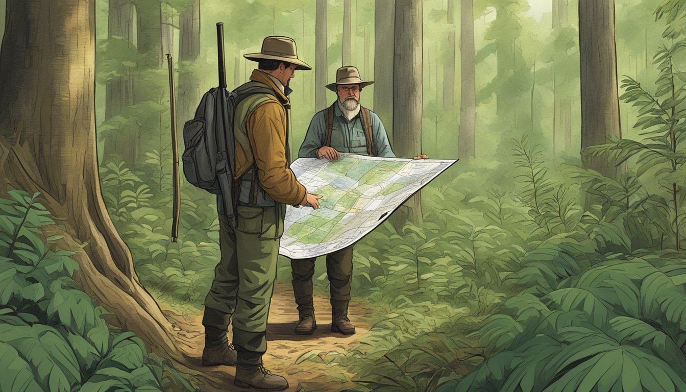 A hunter standing in a lush forest, examining a map and talking to a knowledgeable outfitter in Connecticut