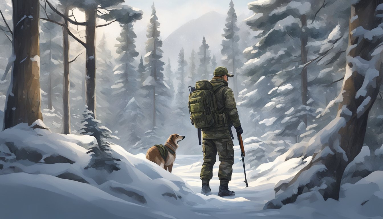 A hunter stands in a snowy forest, surrounded by tall trees and rugged terrain. They carry a rifle and wear camouflage gear, scanning the area for game