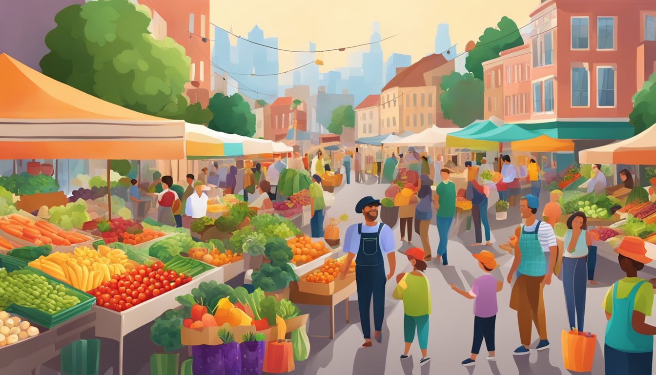 A vibrant farmers' market with colorful fruits and vegetables, surrounded by smiling families and community members