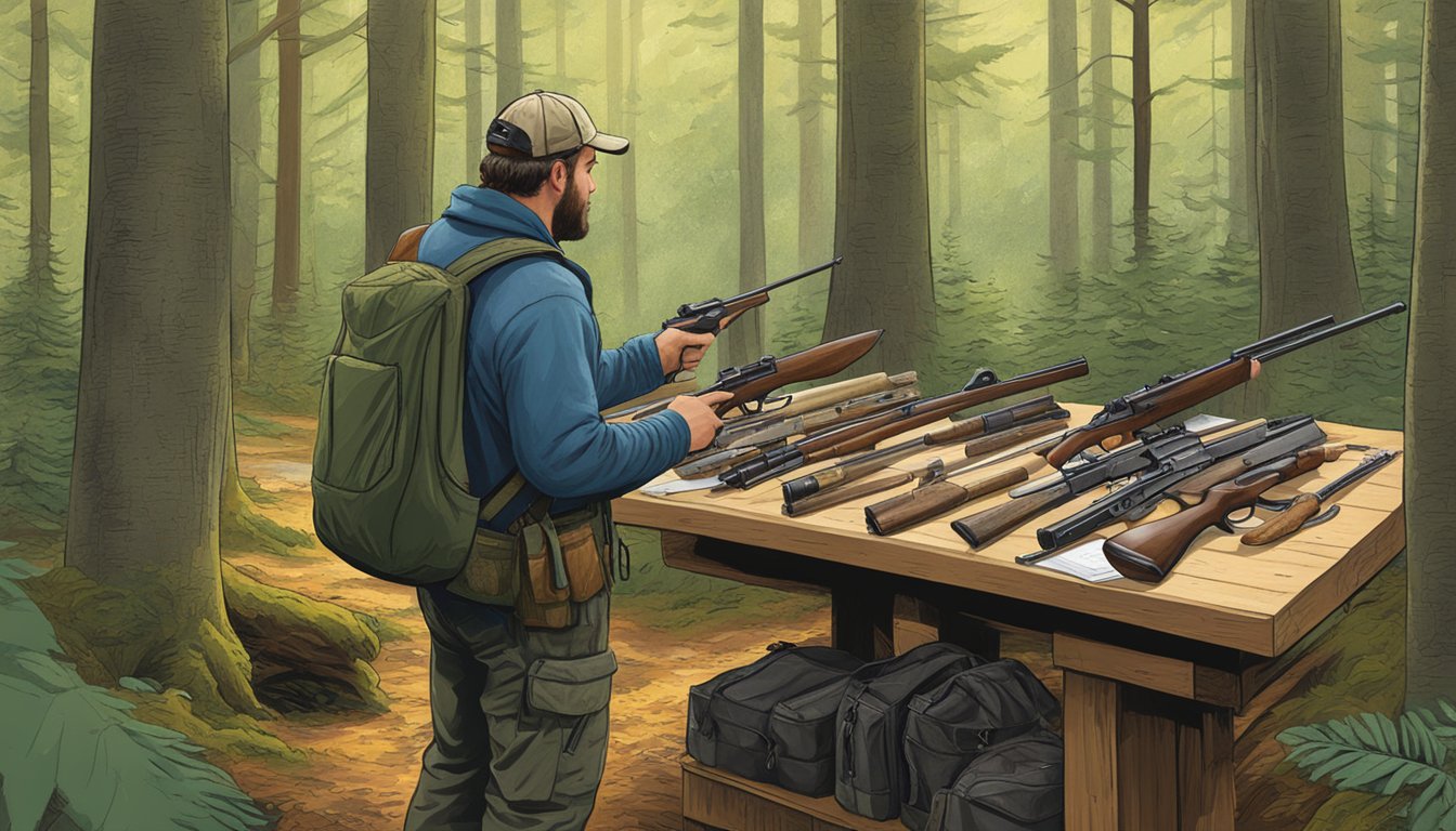 A hunter standing in a lush New Hampshire forest, examining various hunting outfitter options displayed on a table in front of them