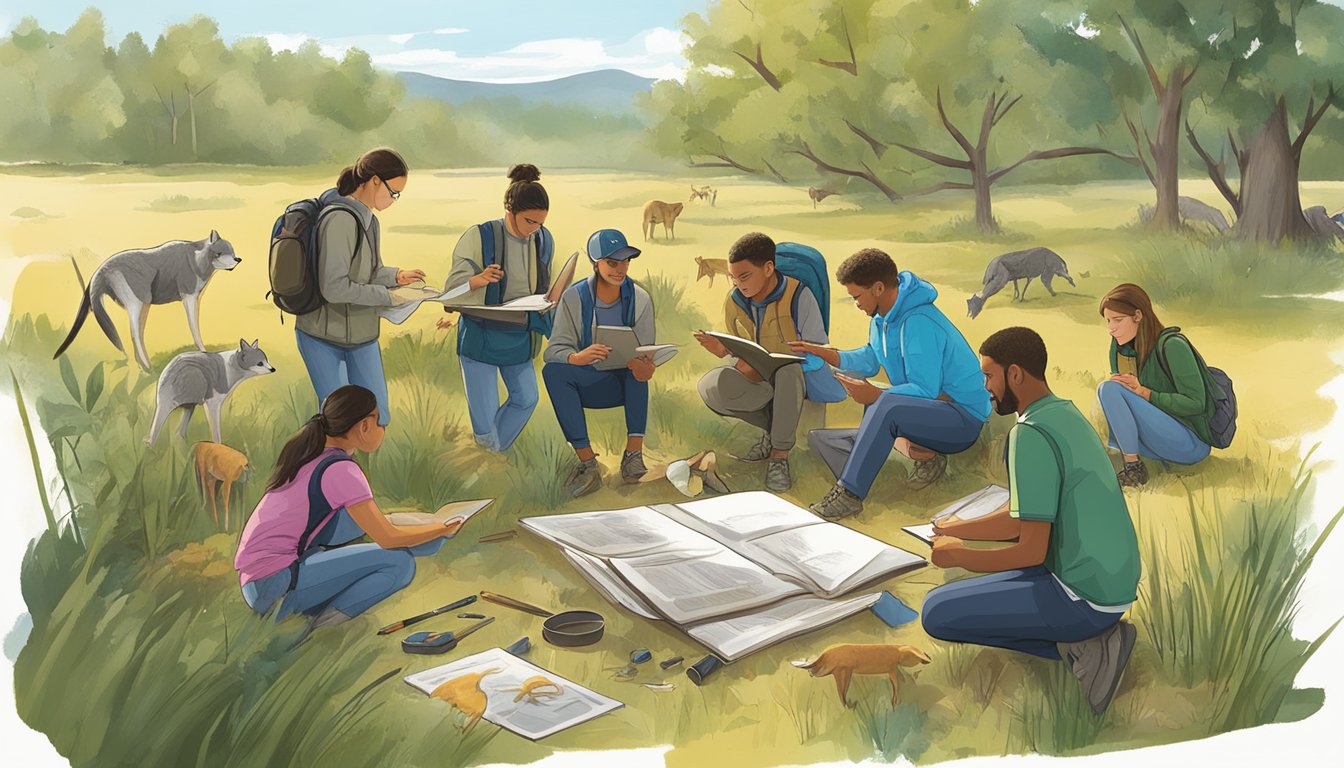 A group of students study outdoors with an instructor, surrounded by nature and wildlife. They engage in hands-on learning activities related to hunting and wildlife conservation