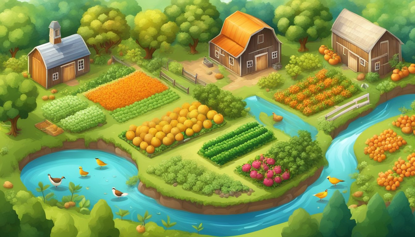 A vibrant farm with diverse crops, fruit trees, and happy animals, surrounded by lush greenery and clean water sources