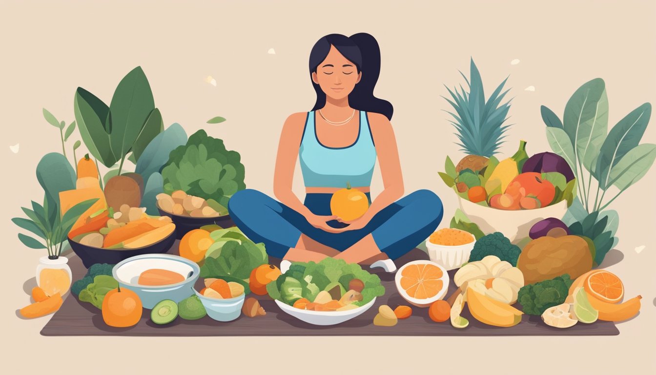 A person sitting cross-legged, surrounded by various healthy foods and a scale, with a serene expression while practicing mindfulness and mindful eating