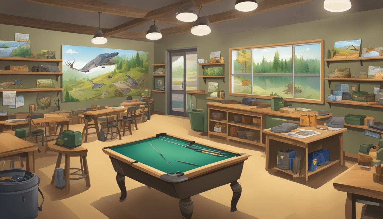 A hunter education classroom with maps, wildlife illustrations, and hunting gear displayed on shelves. Outdoor scenes and wildlife posters decorate the walls