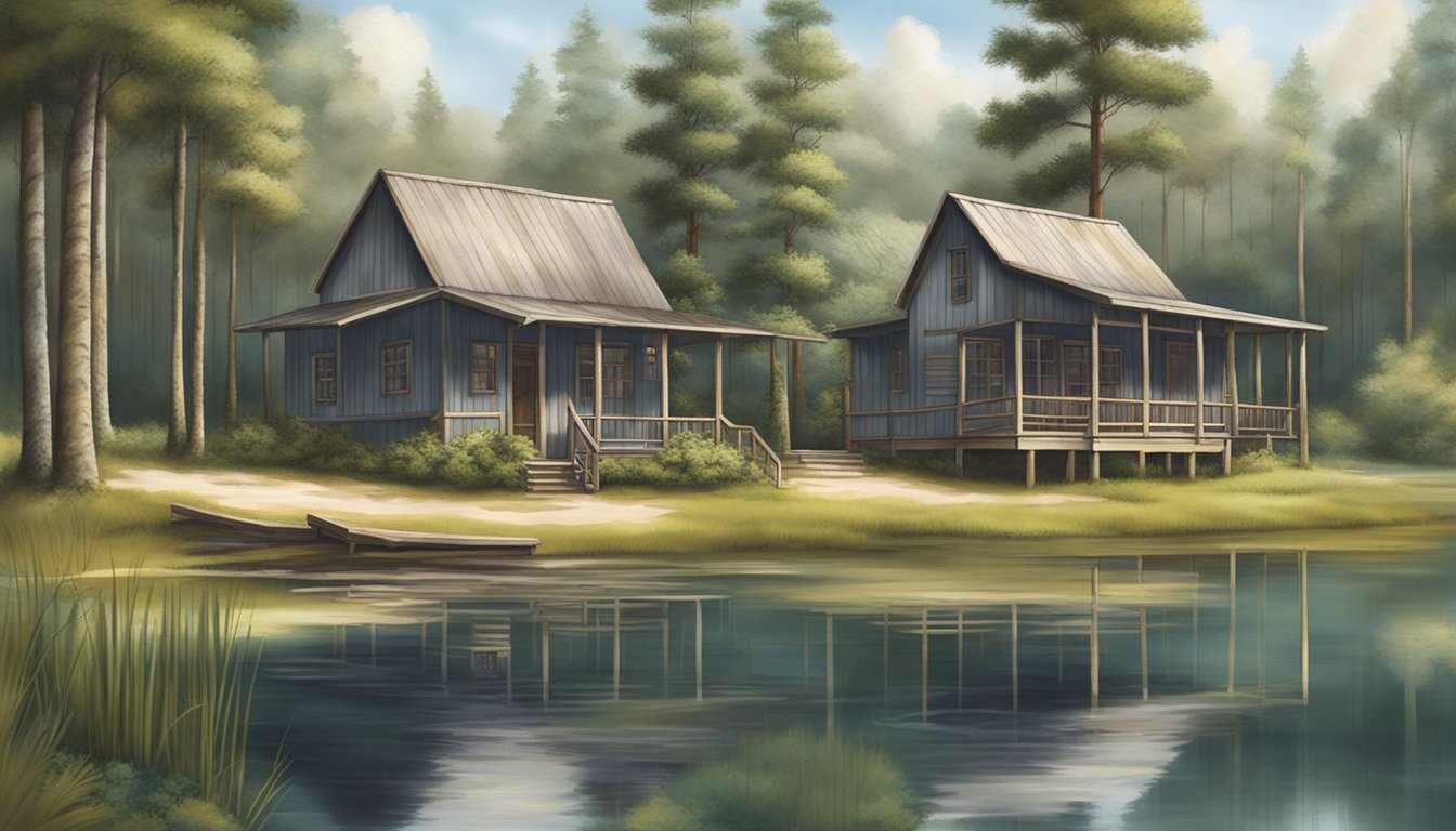 A serene Florida landscape with lush pine trees and a tranquil lake, surrounded by the rustic cabins of Pine Island Outfitters