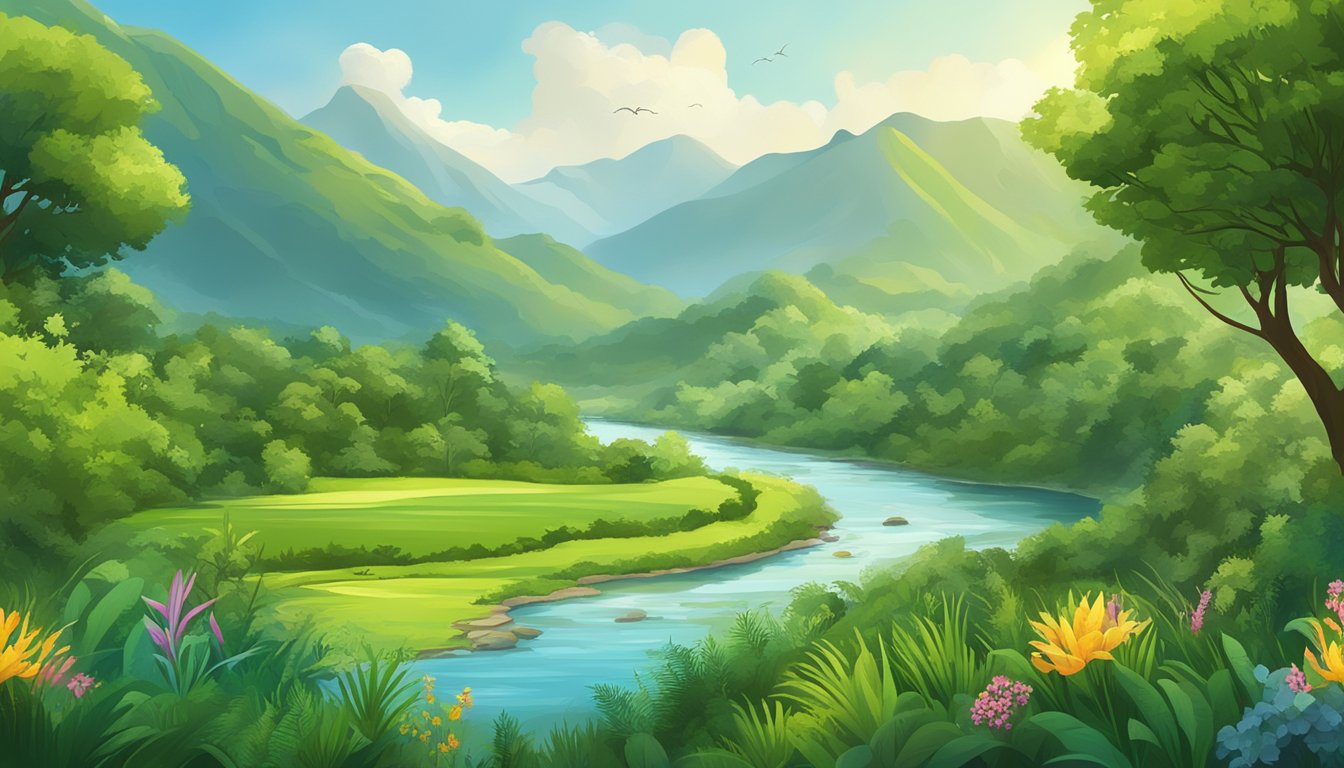 Lush green landscape with diverse flora and fauna, interconnected by flowing rivers and vibrant ecosystems