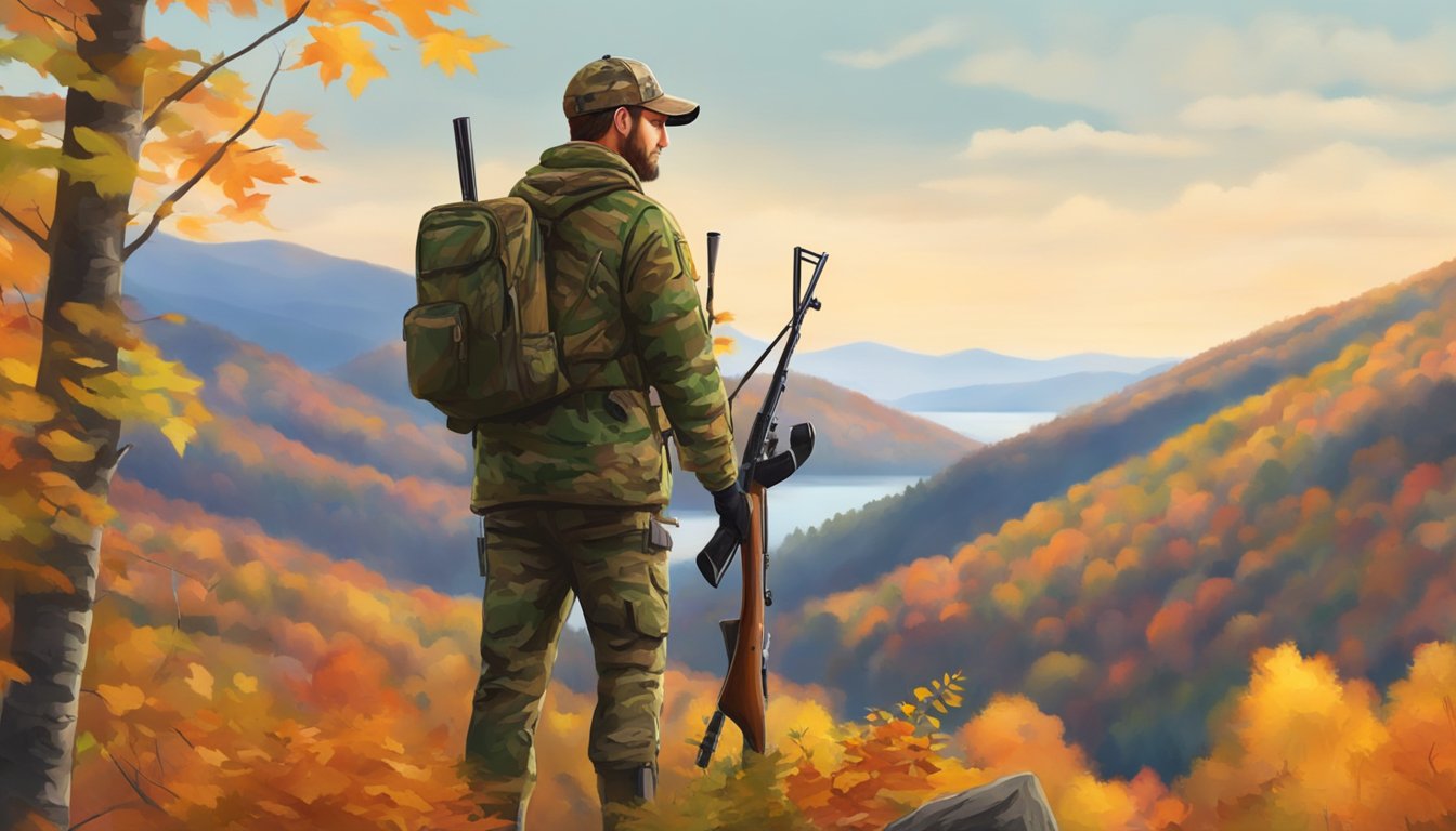 A hunter in camouflage gear stands in the Catskill Mountains, rifle in hand, scanning the forest for game. The autumn leaves create a colorful backdrop for the hunt