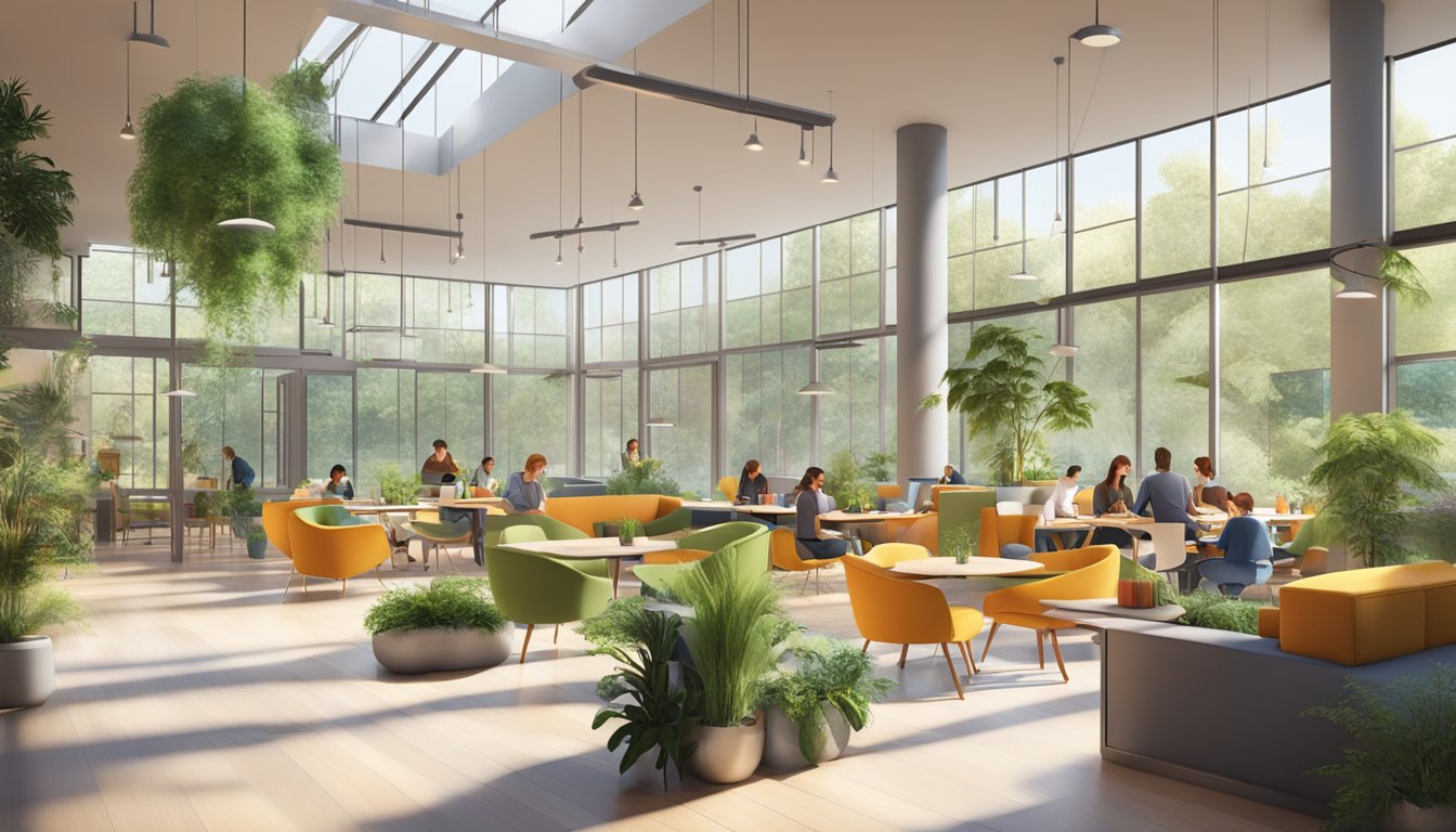 A modern, open-concept learning space with natural lighting, flexible furniture, and vibrant greenery, fostering a sense of community and well-being