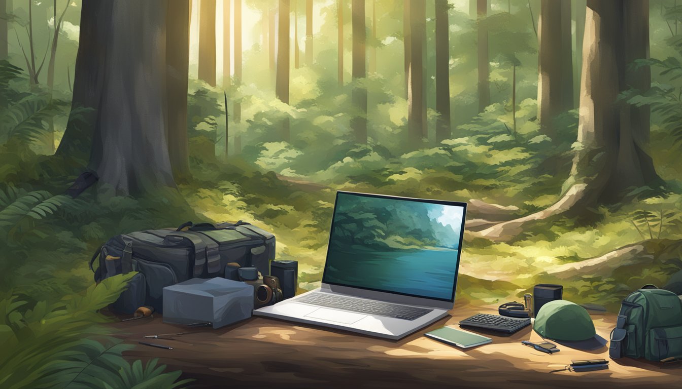 A serene forest clearing with a computer, hunting gear, and educational materials spread out under the dappled sunlight