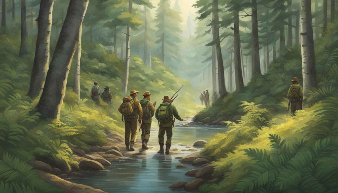 A group of hunters trek through a dense forest, guided by experienced outfitters. The New York wilderness stretches out before them, promising high adventure