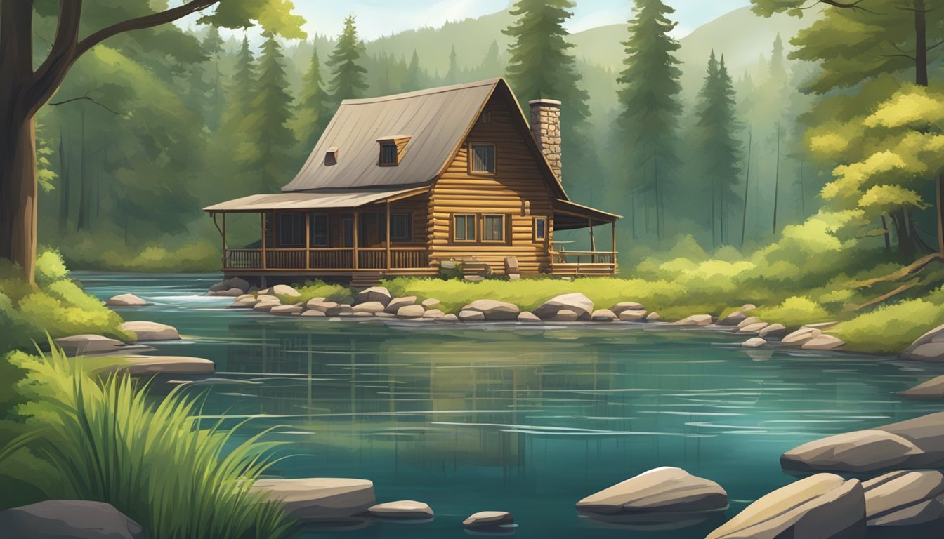 A serene river flows through the lush forest, with a rustic lodge nestled among the trees. Fly fishing gear and hunting equipment are neatly arranged outside