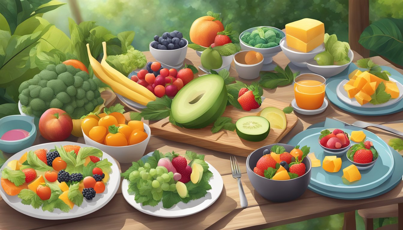 A serene table set with a variety of colorful, healthy foods surrounded by nature